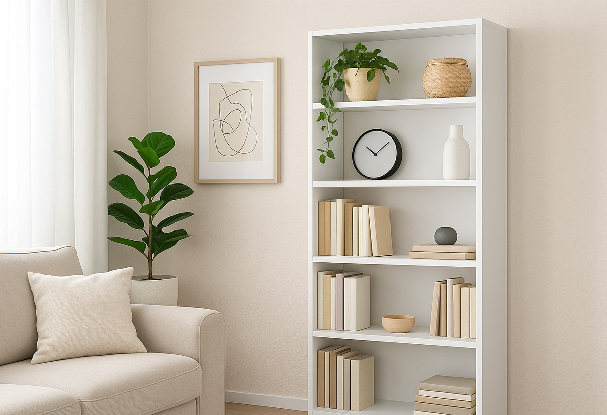 Απεικονίζεται η βιβλιοθήκη σε ένα σαλόνι.